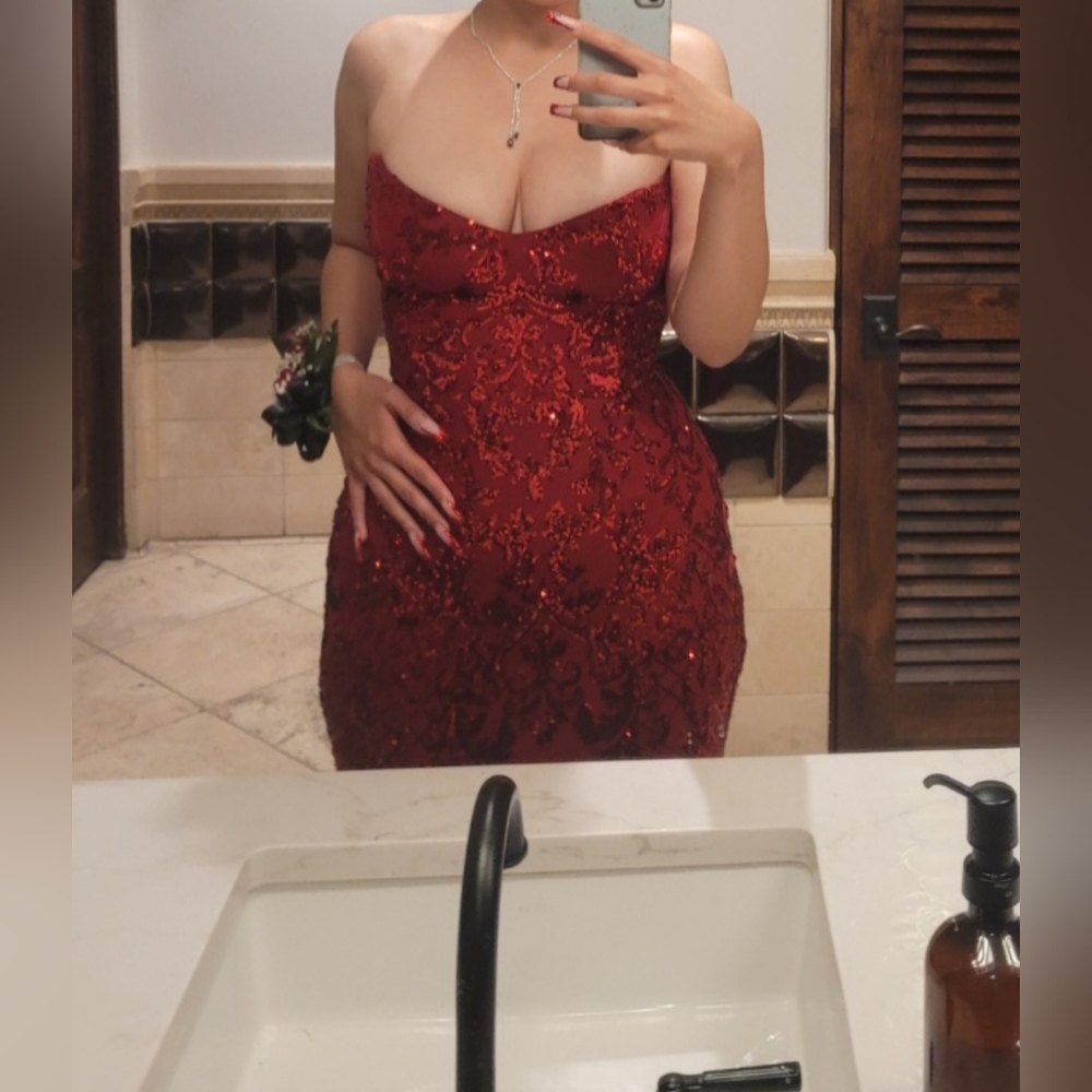 Red Sequin Strapless Bodycon Dress